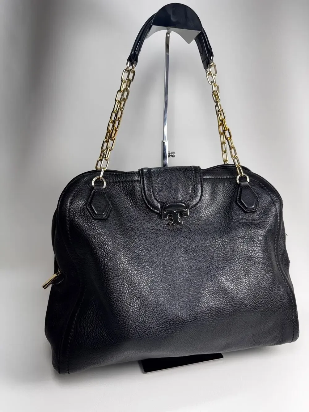 Tory Burch Amanda Black Pebbled Leather Hobo Satchel Shoulder Bag Gold Chain T